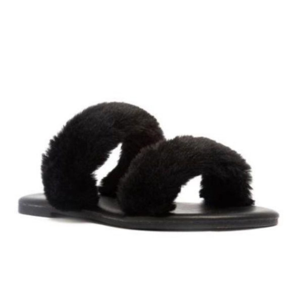 Black Faux Fur Double Band Slides - Picture 4 of 5